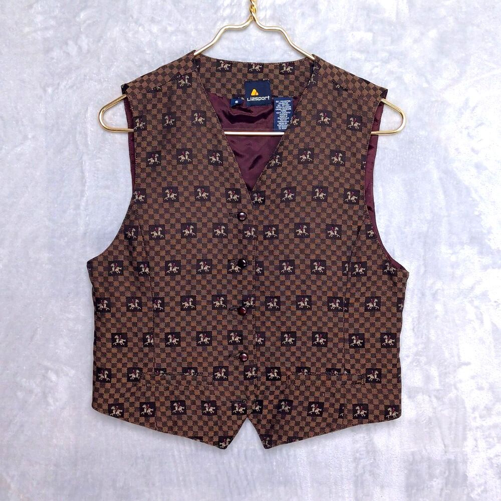 Vintage LIZ SPORT Cotton Blend Vest Size 6 Horse Checker Print Lined Equestrian